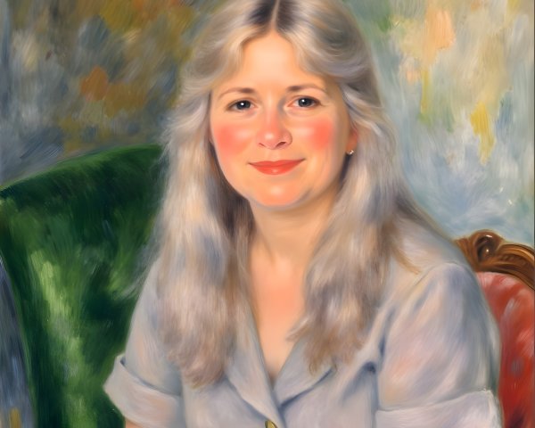 Smiling Woman in Gray Blouse on Green Chair