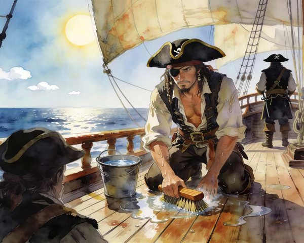 Pirates on a Ship at Sea in Watercolor Painting