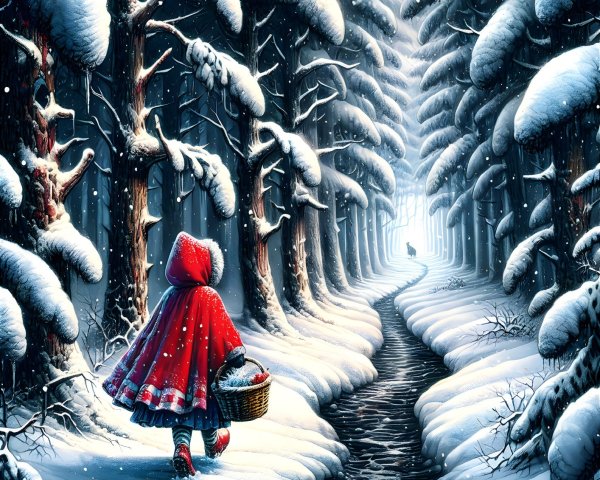 Young girl in red cloak on snowy forest path