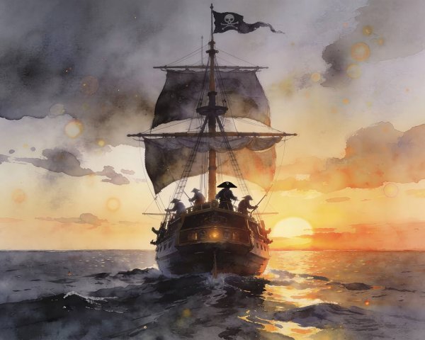 Watercolor Painting of Pirate Ship at Sunset