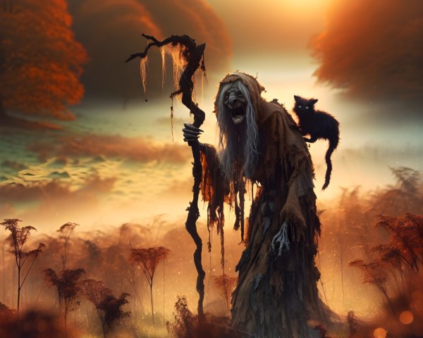 Misty Dawn Landscape with a Sinister Witch Figure