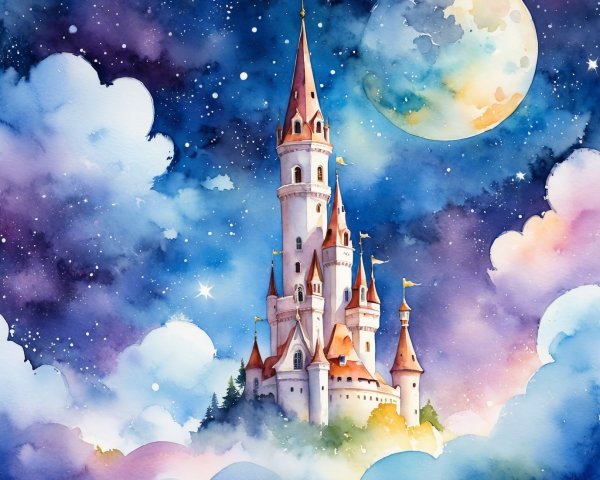 Whimsical castle against a vibrant night sky scene