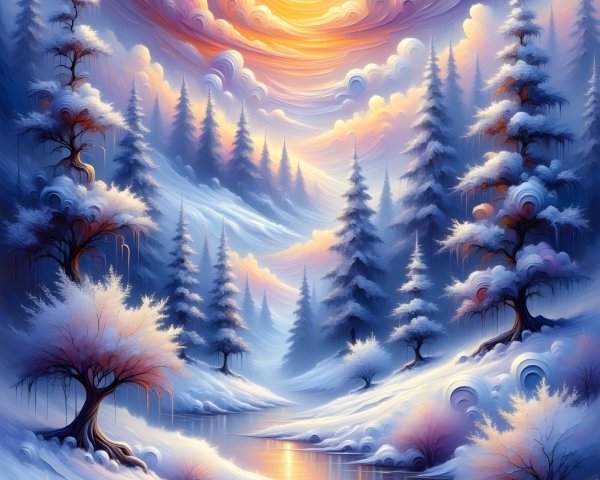 Serene Winter Landscape with Vibrant Sunrise Colors