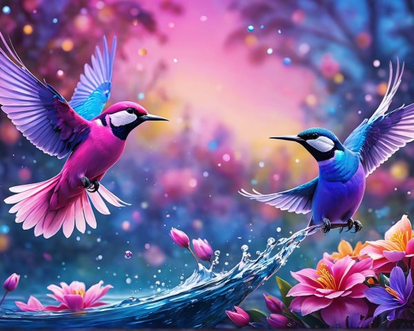 Colorful Hummingbirds in Vibrant Fantasy Background