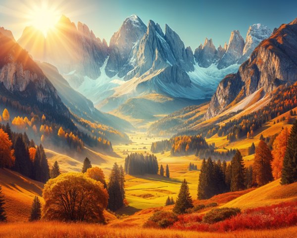 Golden Mountain Peaks and Autumn Valley Landscape