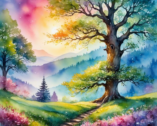 Watercolor Landscape with Tree and Misty Mountains
