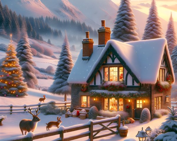 Cozy Cottage in a Serene Winter Wonderland Scene