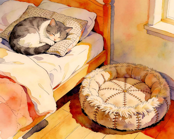 Watercolor Painting of a Sleeping Gray and White Cat