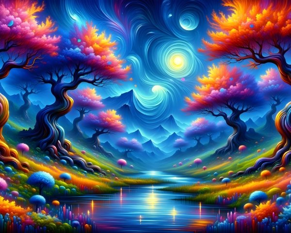 Whimsical Nighttime Fairytale Landscape with River