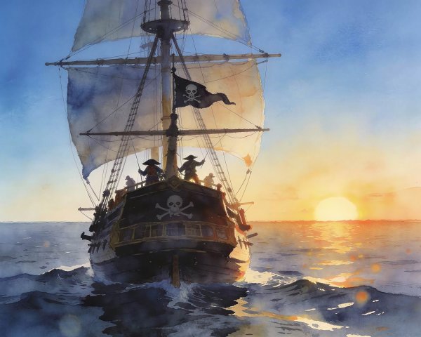 Watercolor of Black Pirate Ship Sailing the Ocean