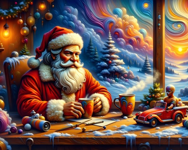 Santa Claus in a Festive Cozy Setting with Decorations
