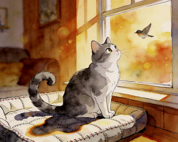 Watercolor Painting of Cat Watching Bird by Window