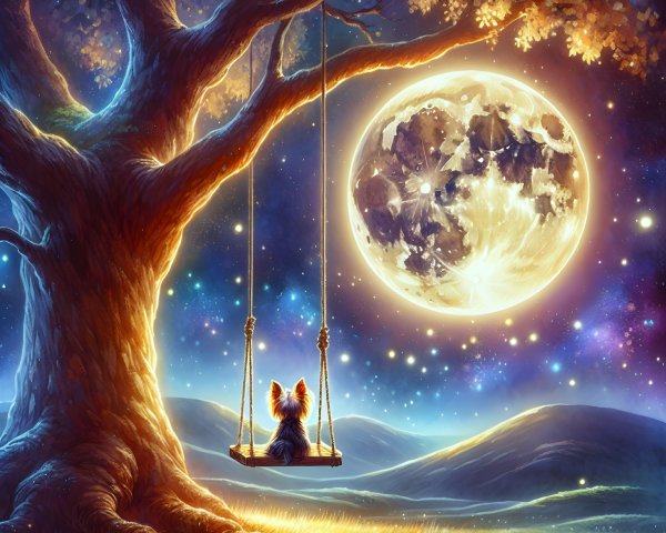Whimsical Scene of Moonlit Sky and Cozy Tree