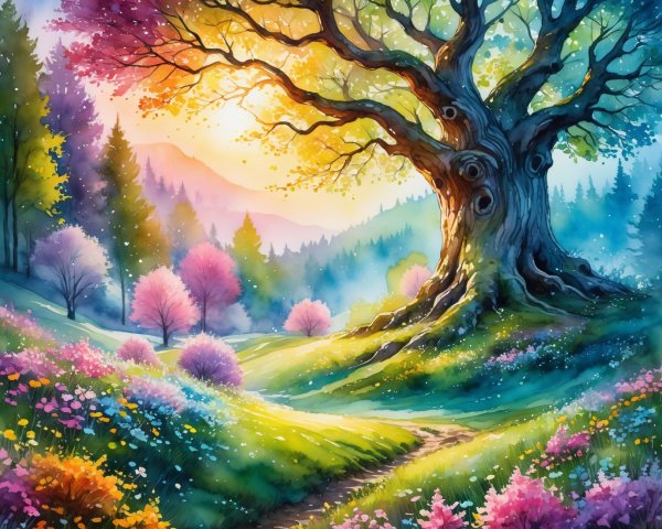 Vibrant Landscape with Twisted Tree and Colorful Foliage