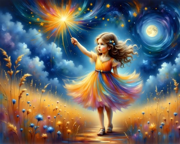 Digital Illustration of Girl with Sparkler in Night Sky