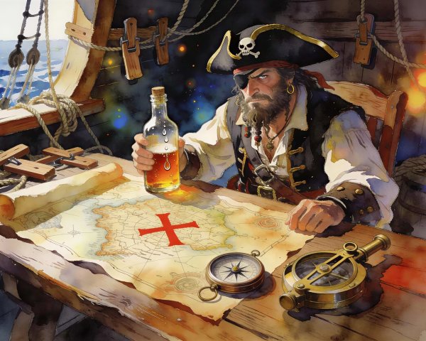 Watercolor Painting of a Pirate with Treasure Map