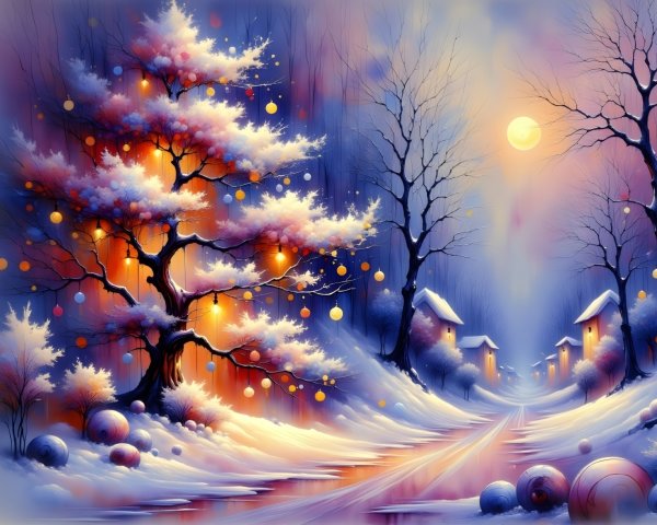 Serene Winter Landscape with Decorative Lights and Snow