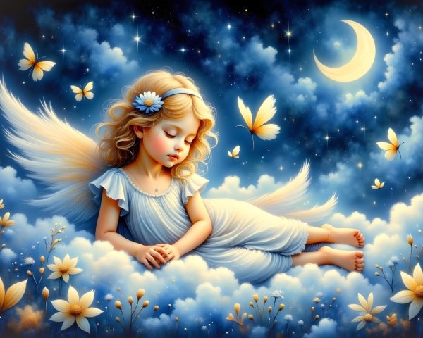 Young girl resting on clouds in a starry night sky