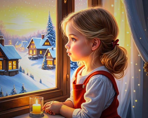 Young girl gazing at winter landscape through window