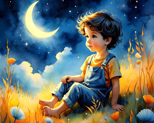 Watercolor Painting of a Boy in a Flower Field