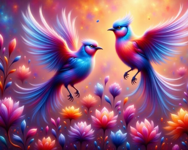 Vibrant Birds in Ethereal Garden with Colorful Flowers