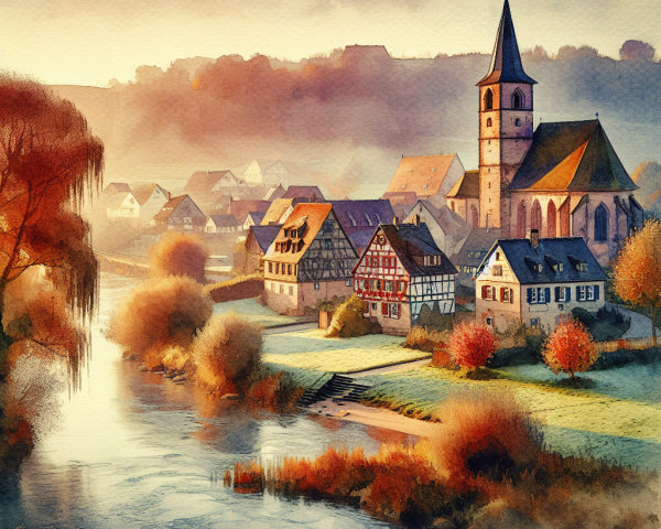 Watercolor Village Scene by a River in Autumn