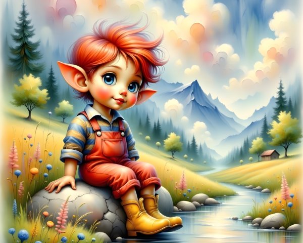 Elf Child by River in Colorful Landscape