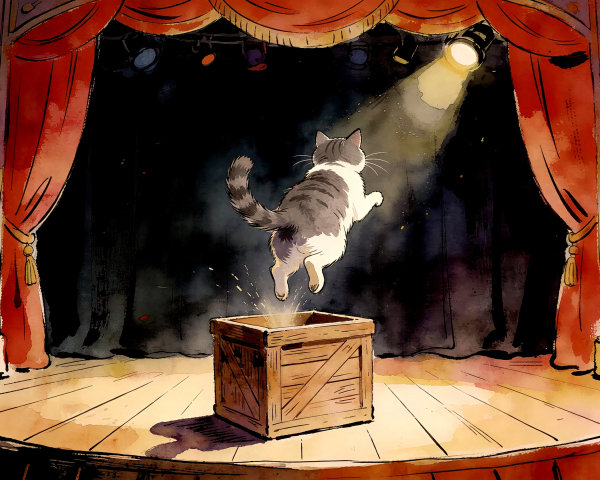 Watercolor of a Cat Leaping from a Stage Box
