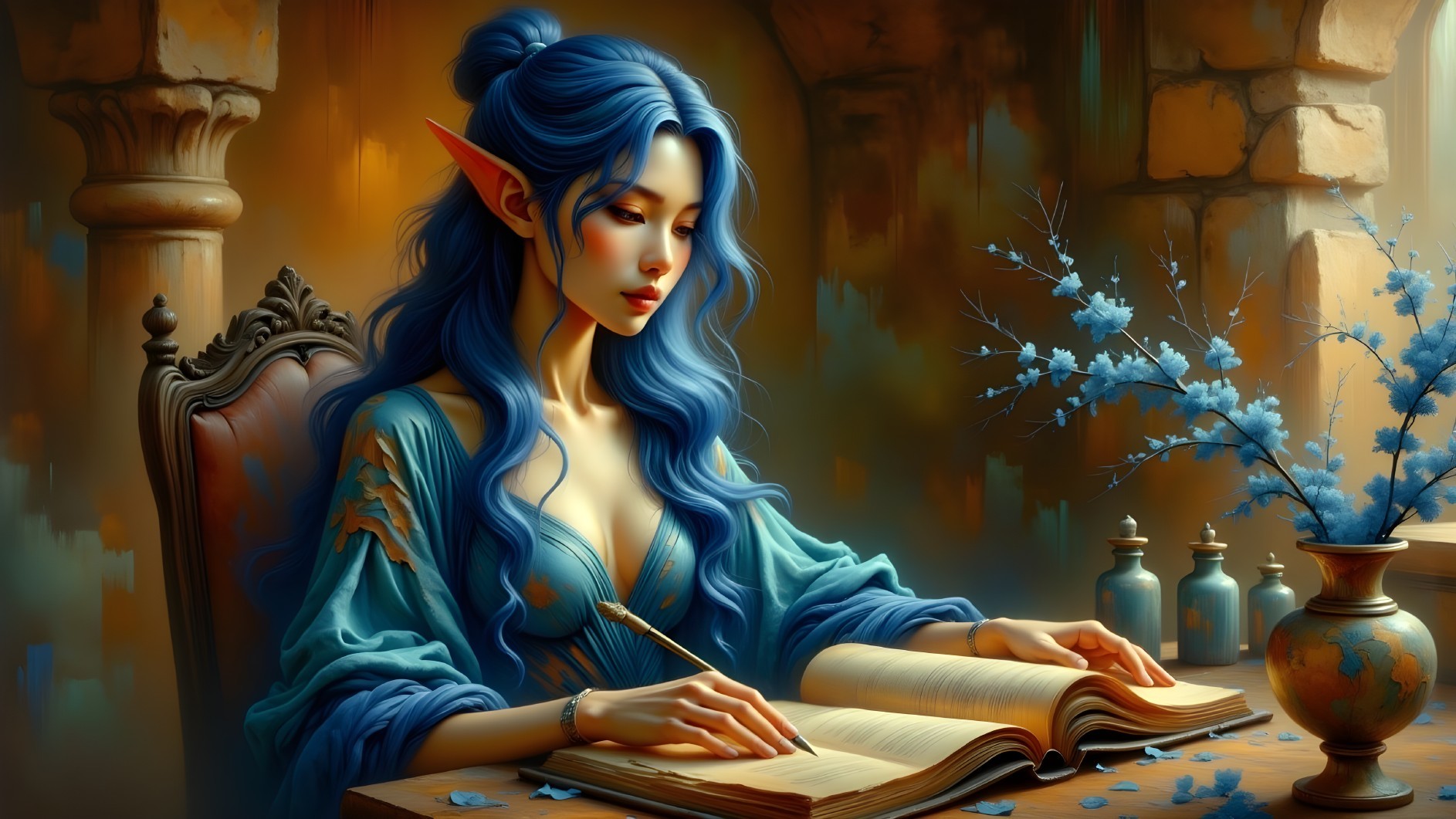 Hyperrealistic Digital Painting of an Elf Reading