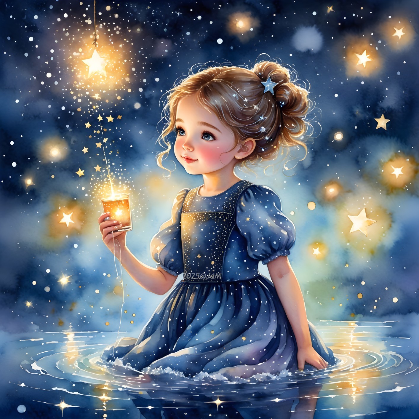 Whimsical Night Scene with Girl and Glowing Lantern