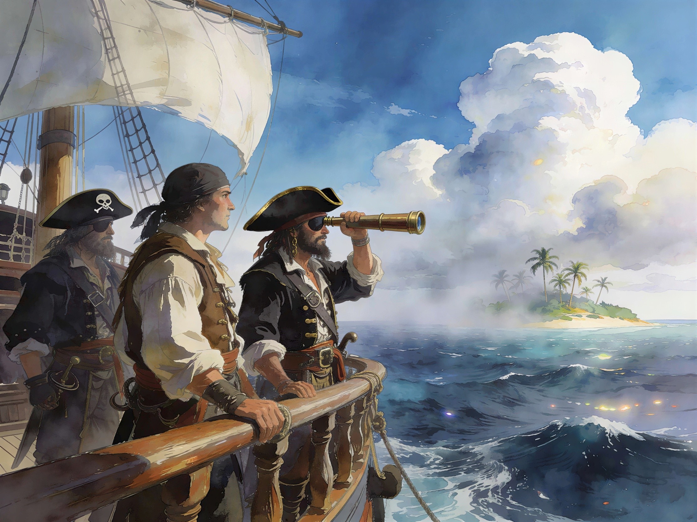 Detailed Painting of Pirates on Ship Near Tropical Island