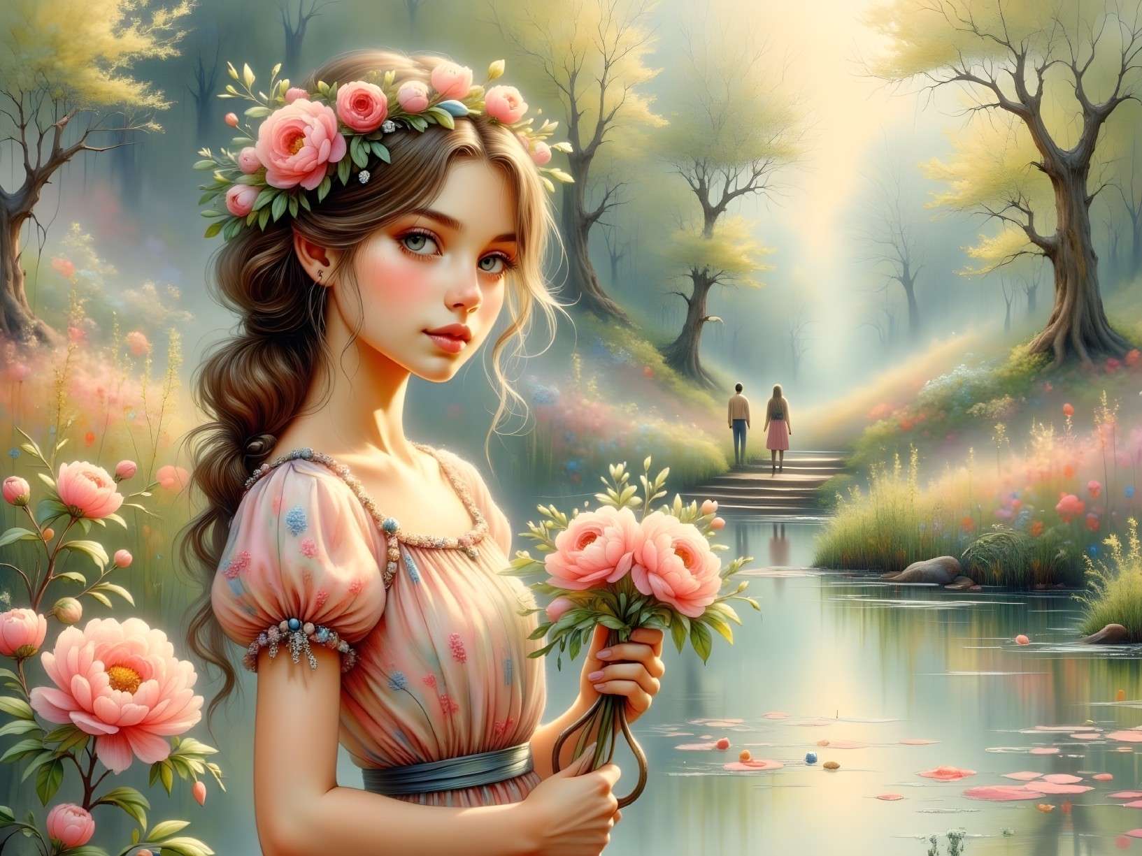 Young Girl with Pink Roses by a Shimmering River