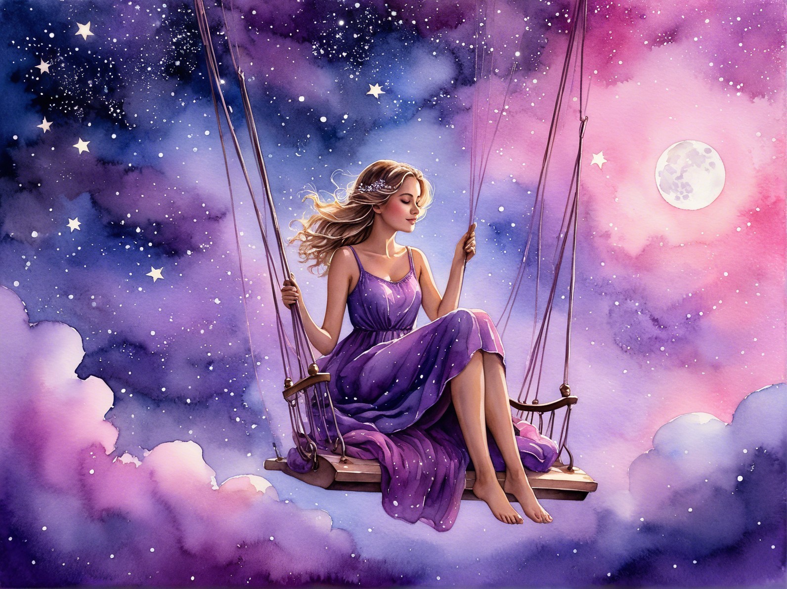 Young Woman on Swing Under Dreamy Night Sky