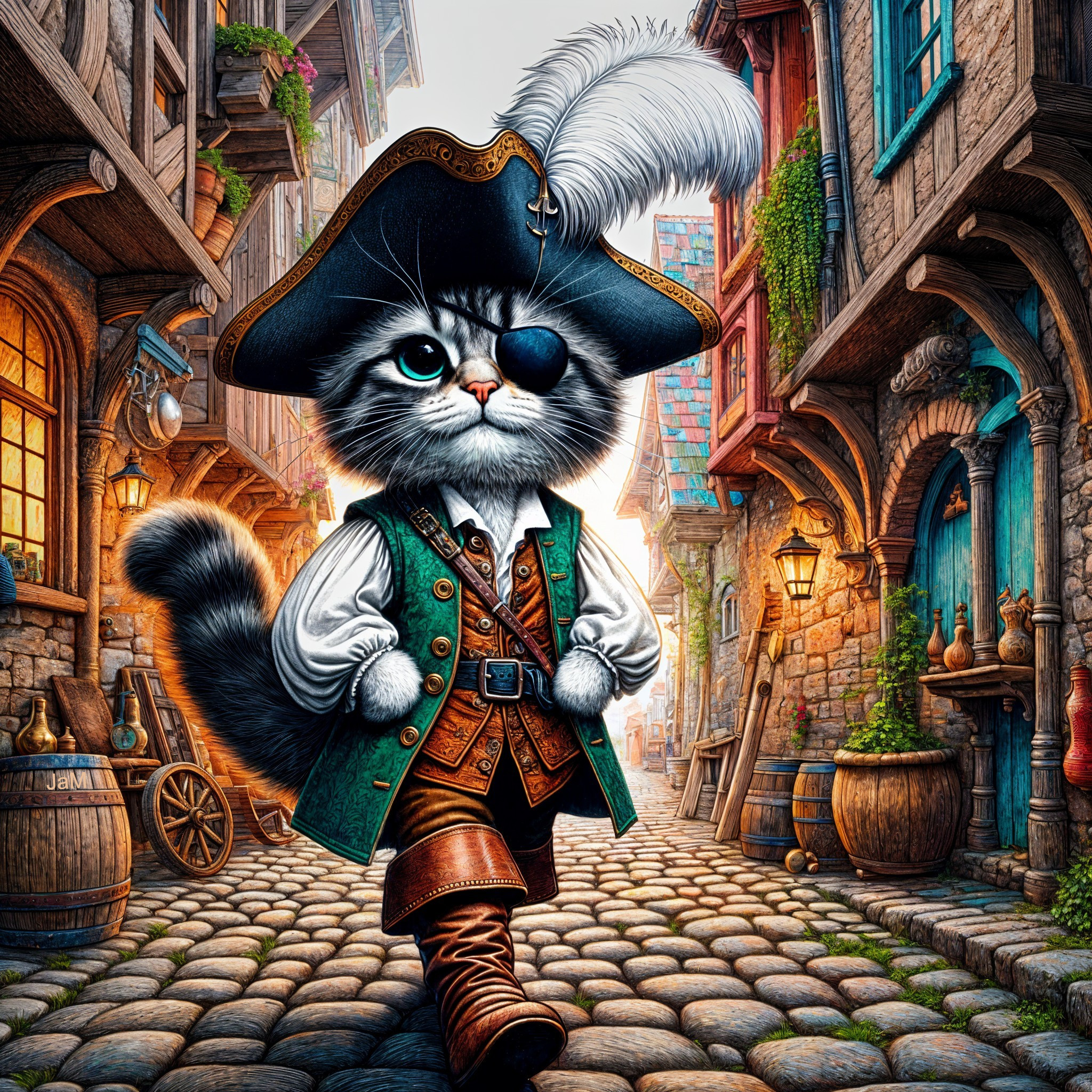Charming Pirate Cat in Quaint Village Setting