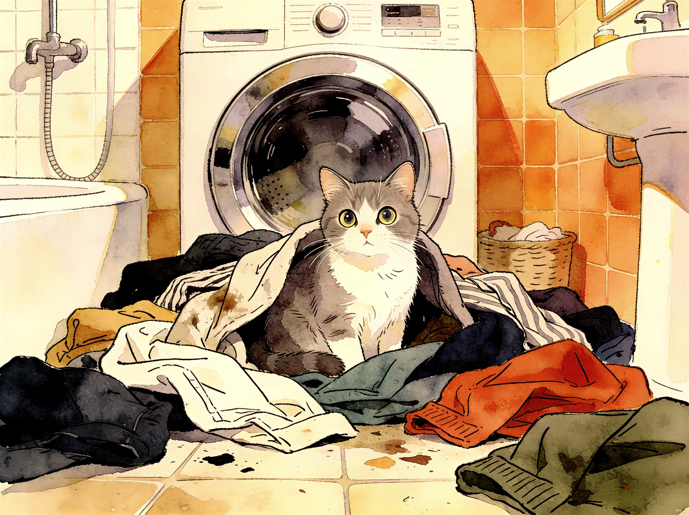 Watercolor Illustration of Cat in Bathroom Setting