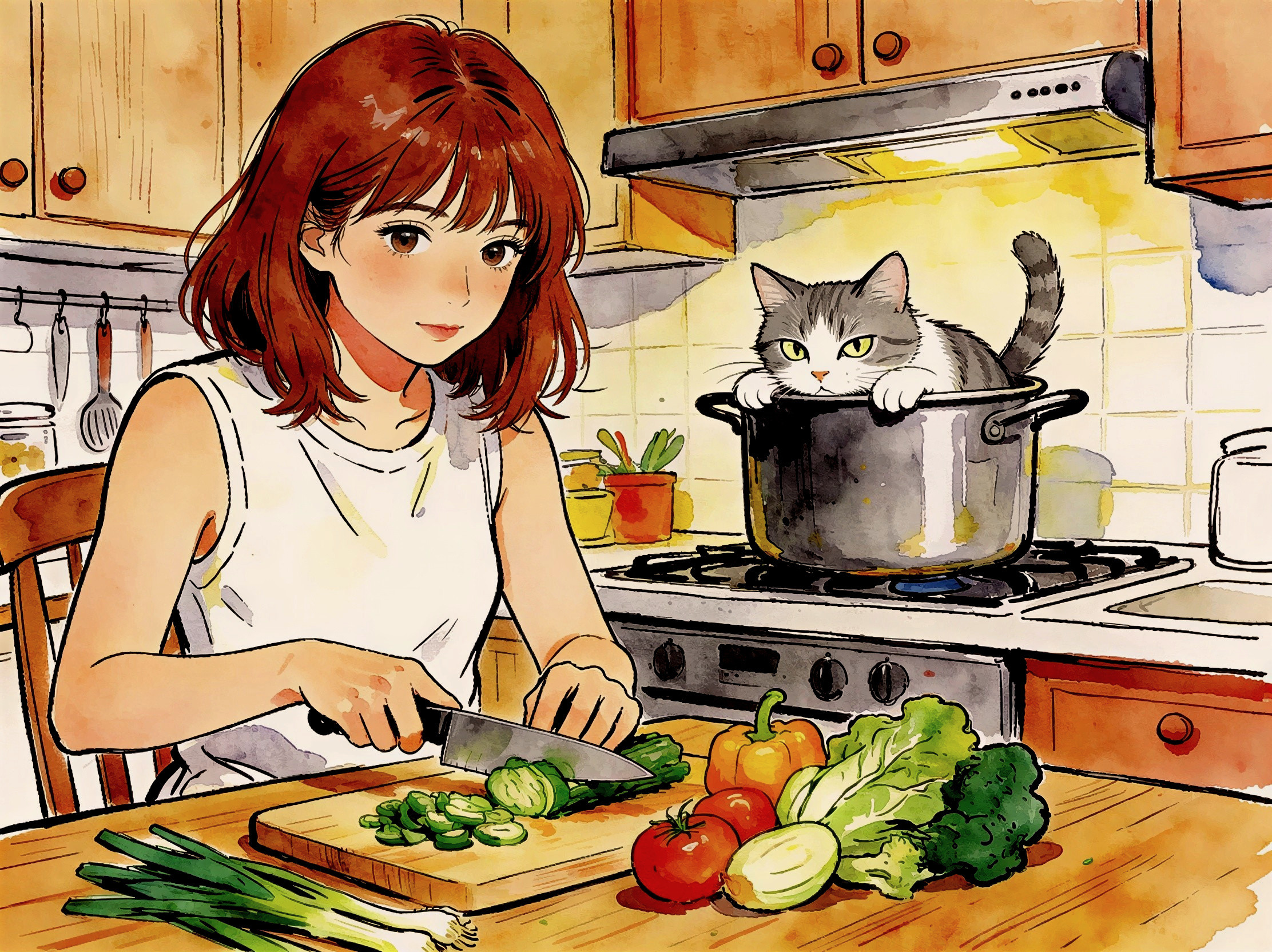 Anime-Style Watercolor of Woman Chopping Vegetables