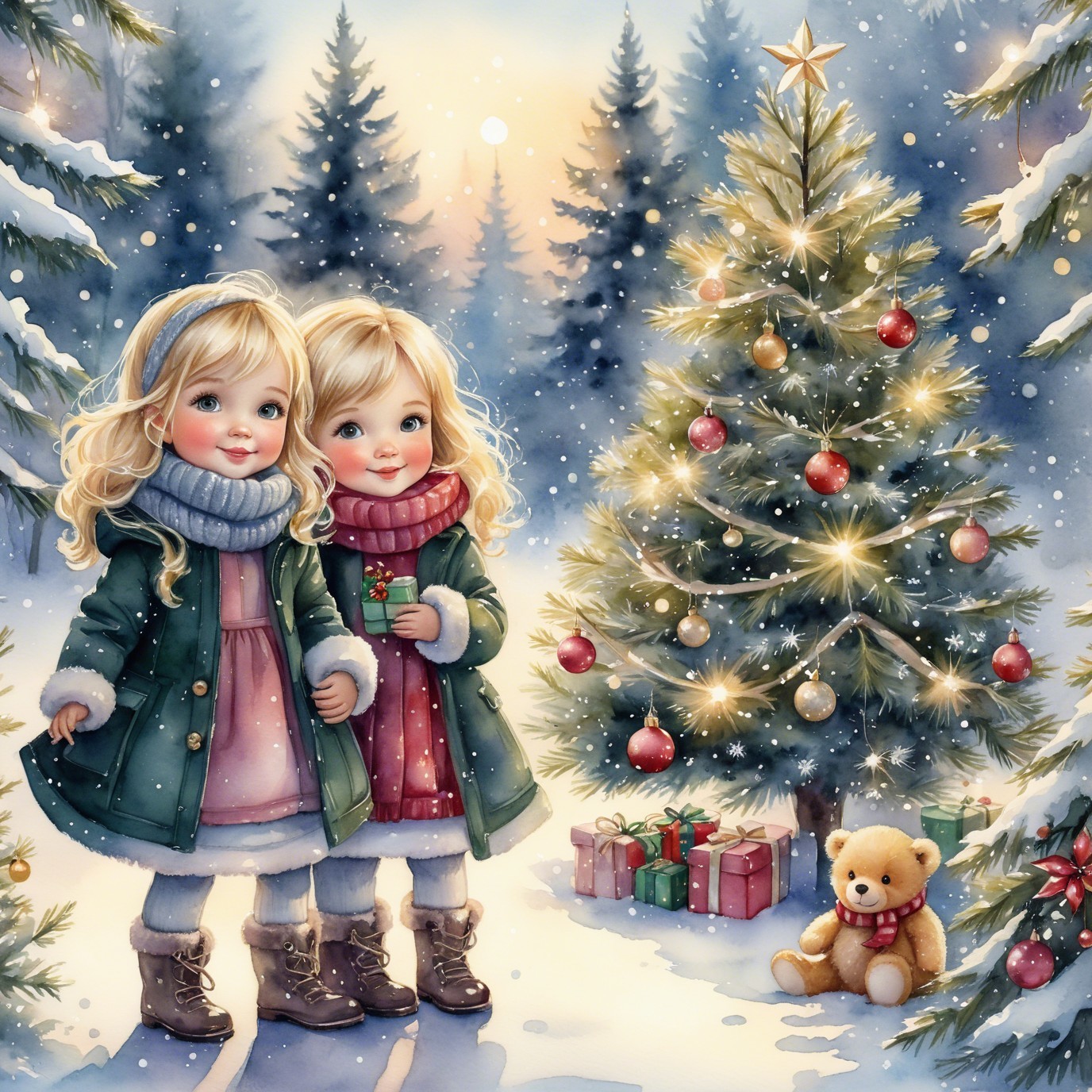 Cheerful girls in winter landscape with Christmas tree