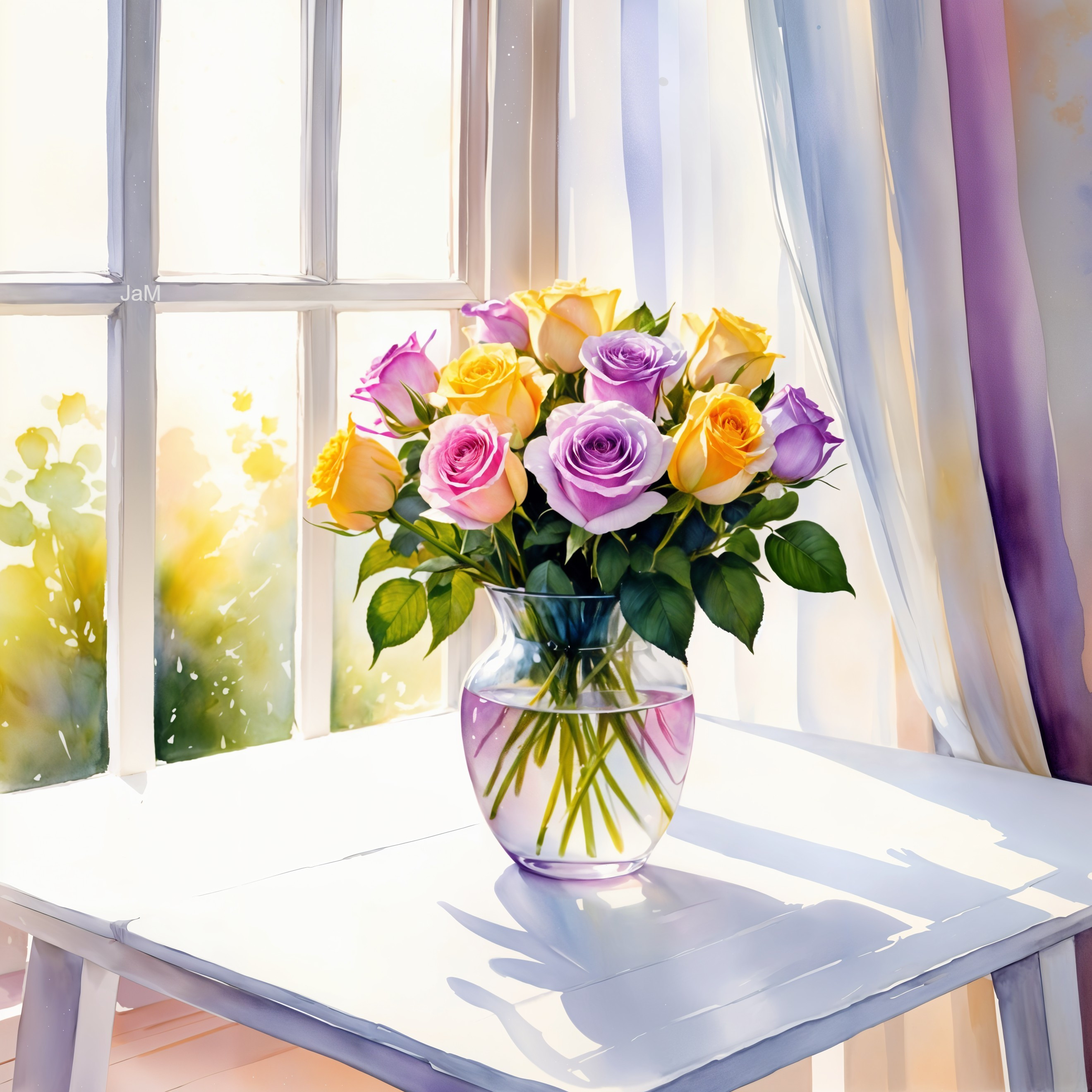 Vibrant Rose Bouquet in Glass Vase with Sunlight