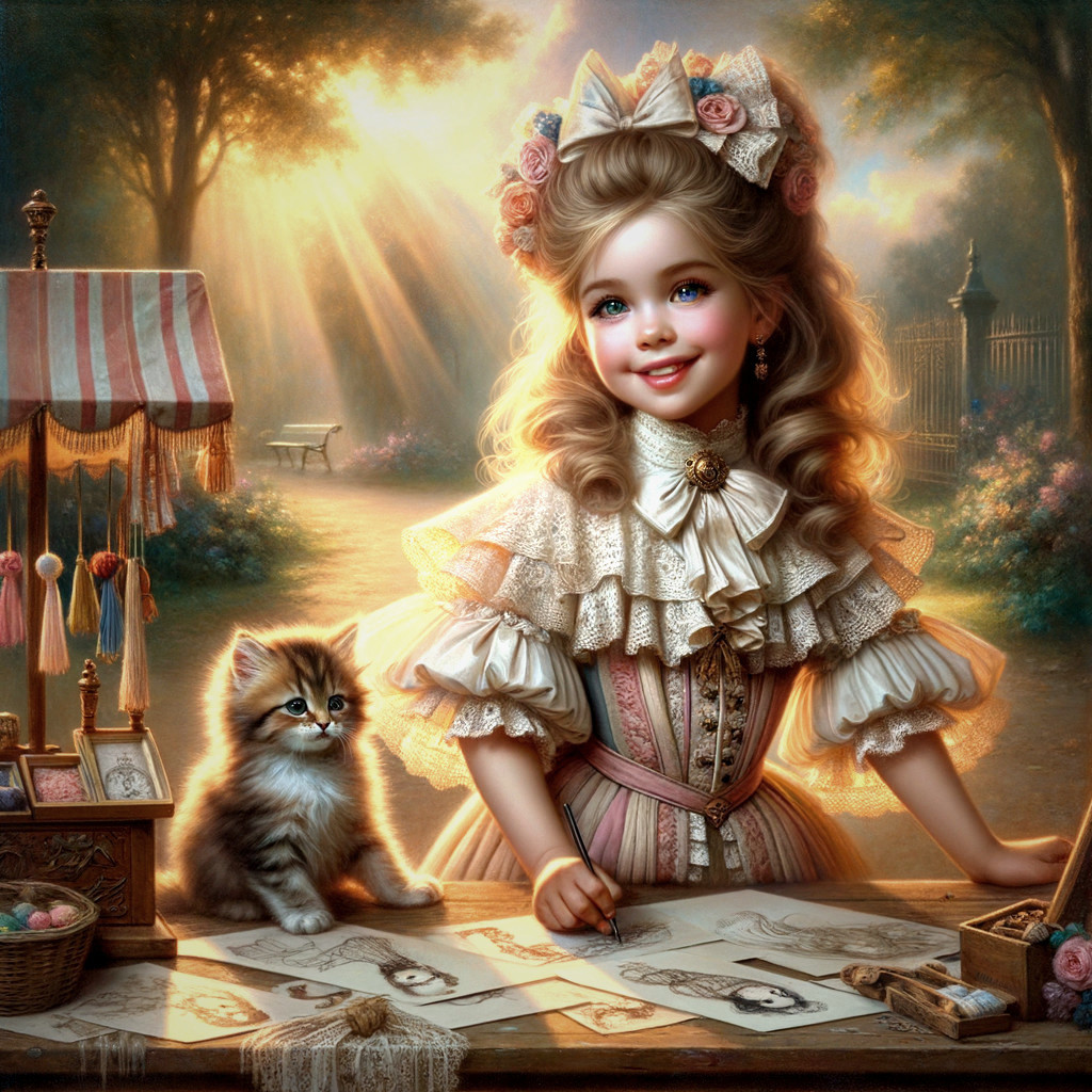 Young girl drawing in a sunlit garden with kitten