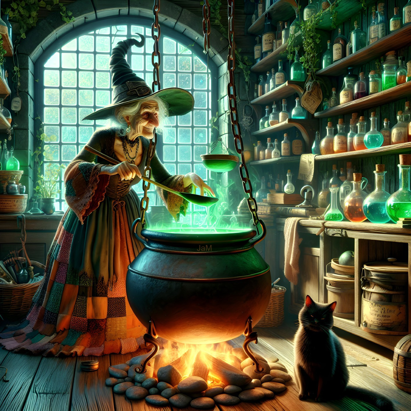 Elderly witch stirring potion in whimsical shop setting