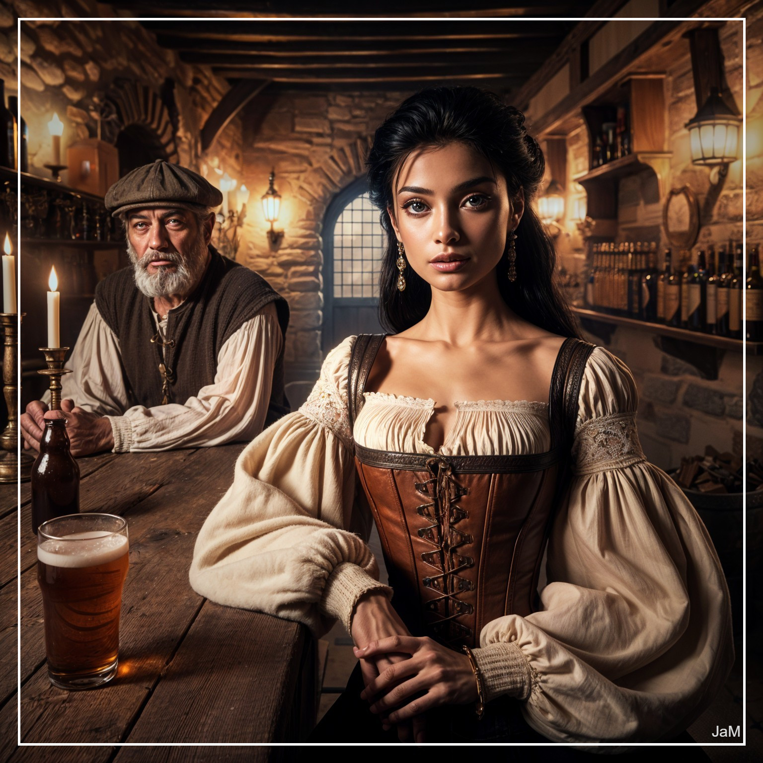 Vintage Tavern Scene with Woman and Bearded Man