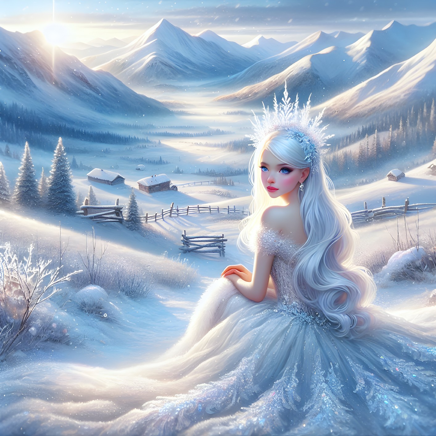 Elegant figure in ice-blue gown on snowy hill