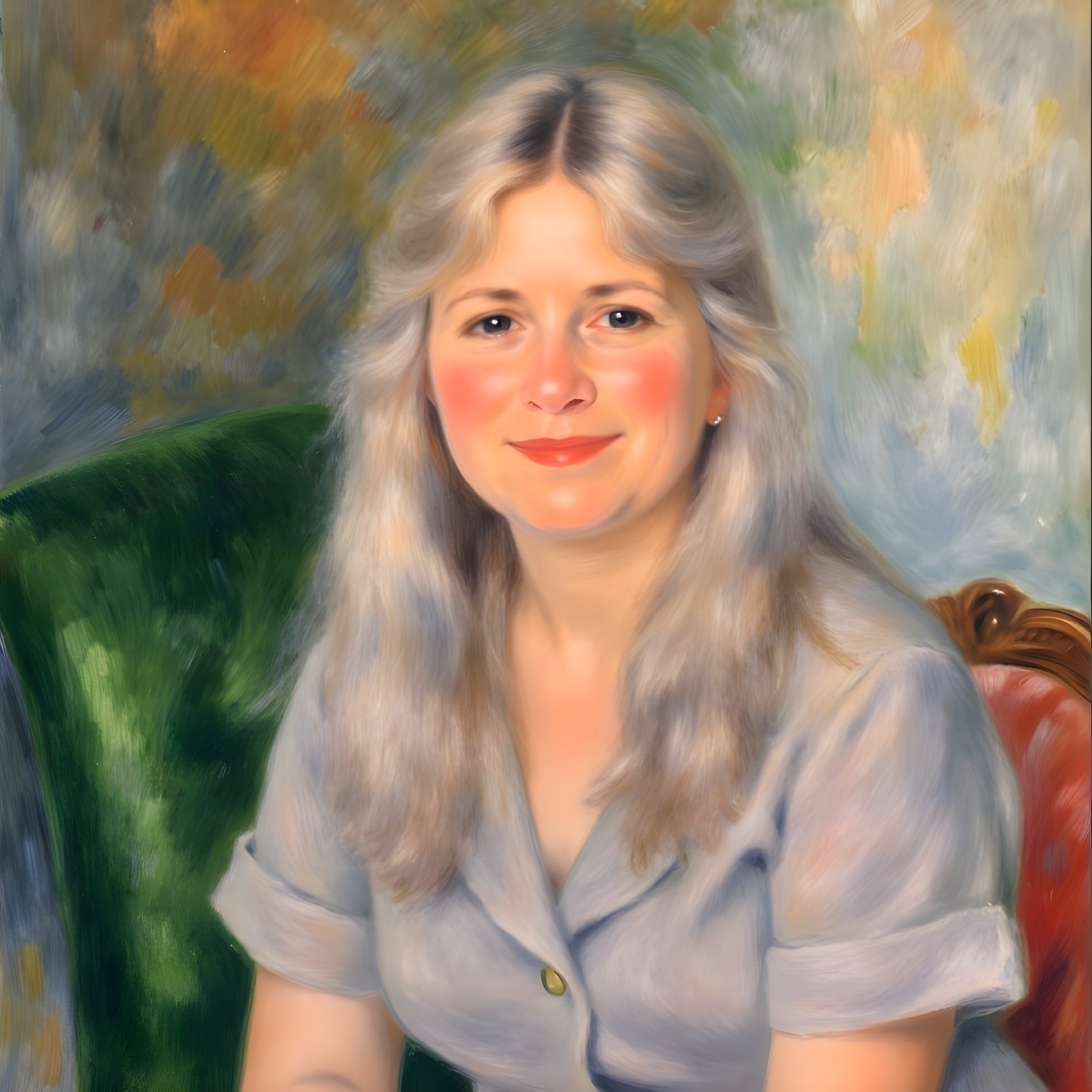 Smiling Woman in Gray Blouse on Green Chair