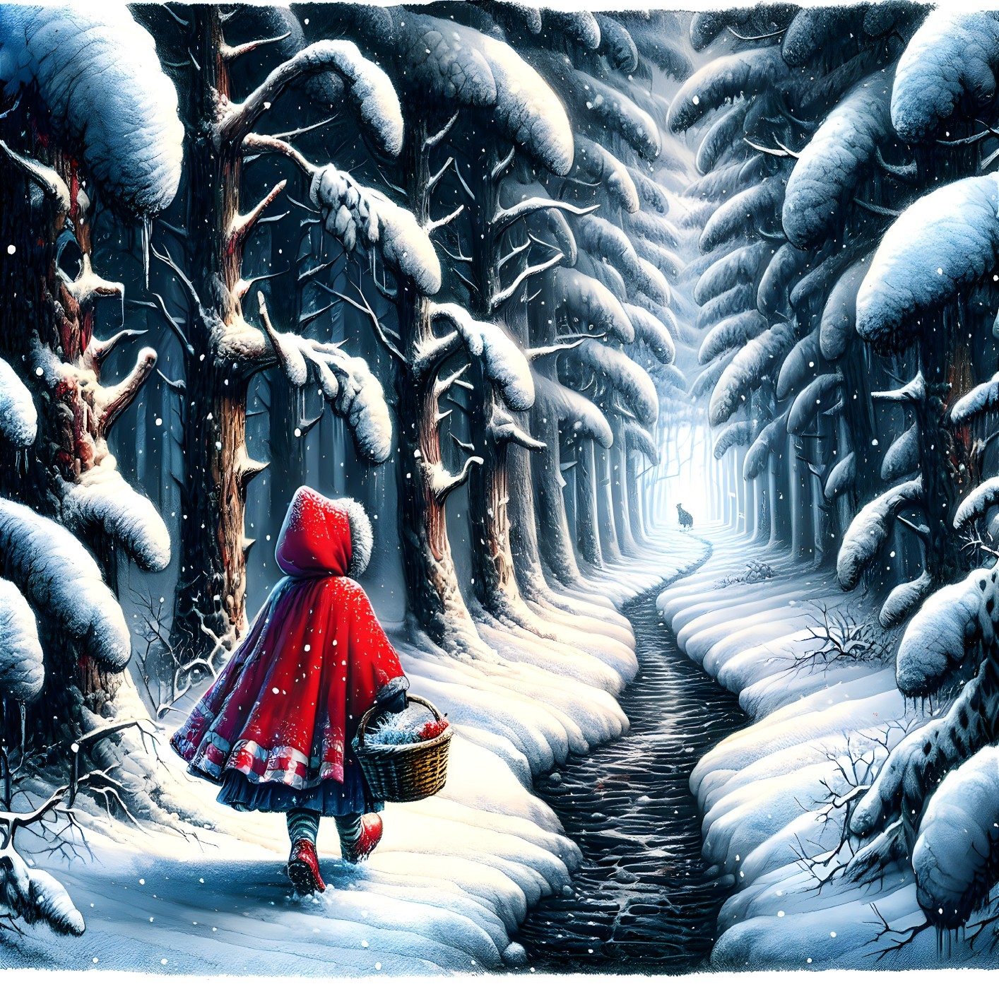 Young girl in red cloak on snowy forest path