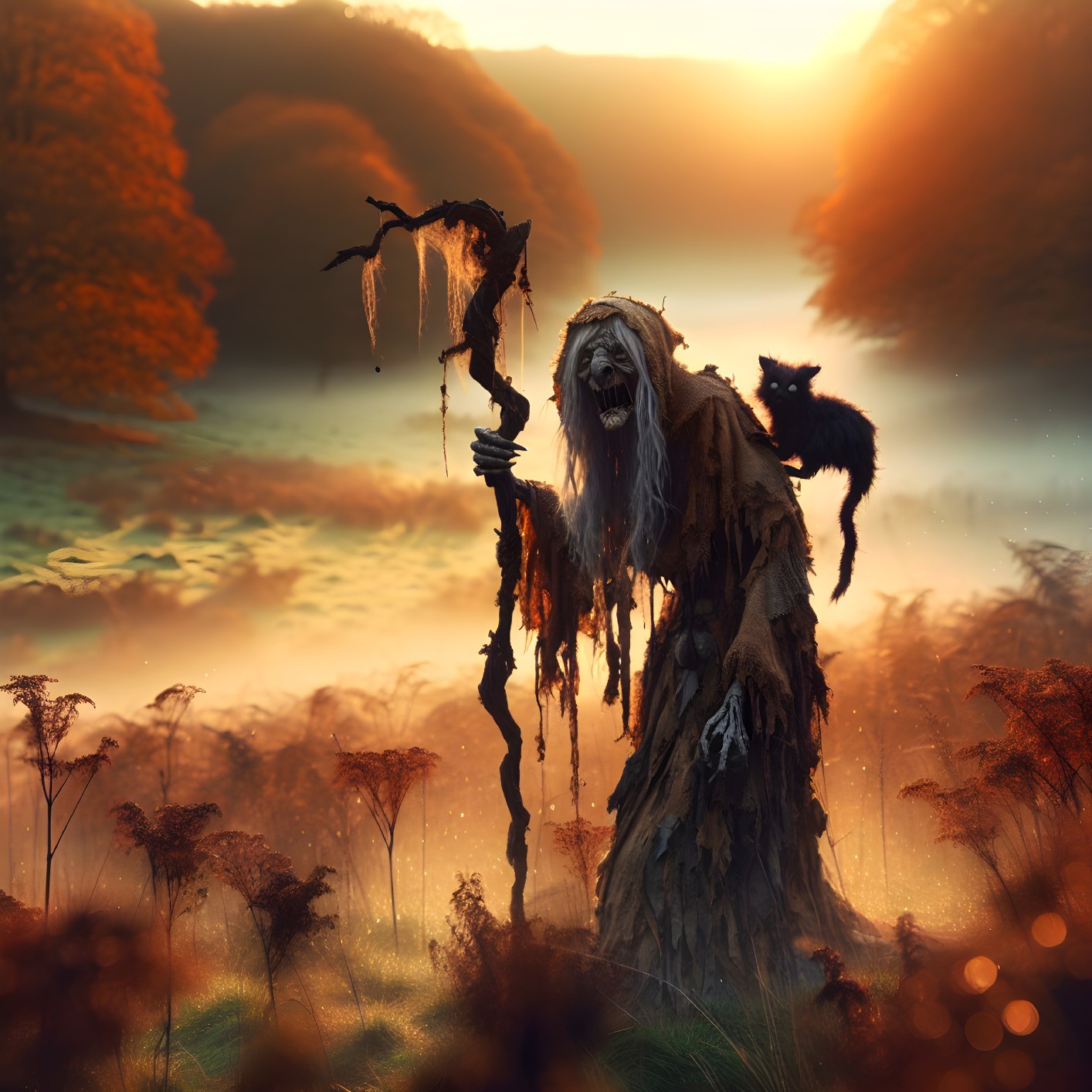 Misty Dawn Landscape with a Sinister Witch Figure