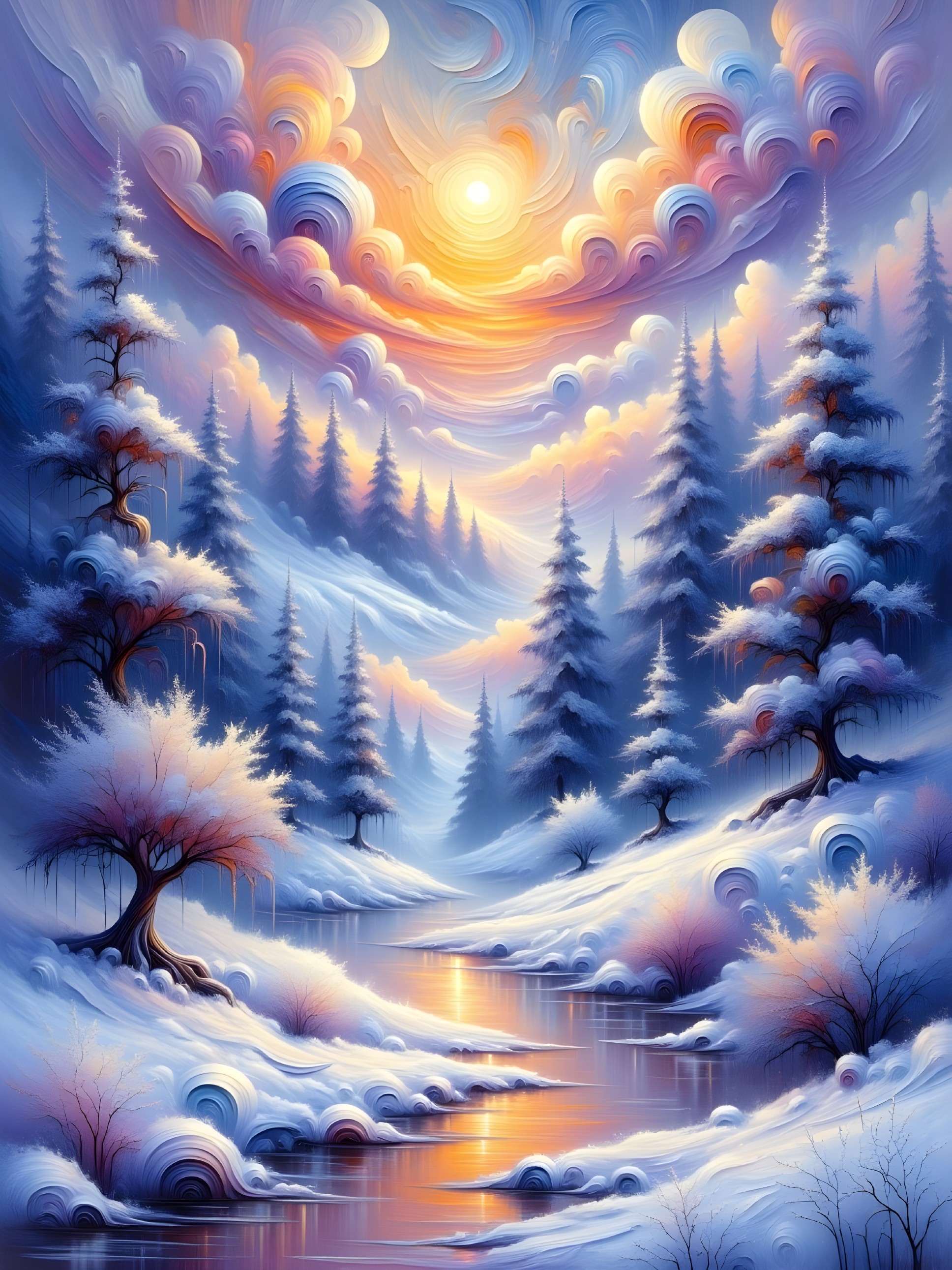 Serene Winter Landscape with Vibrant Sunrise Colors