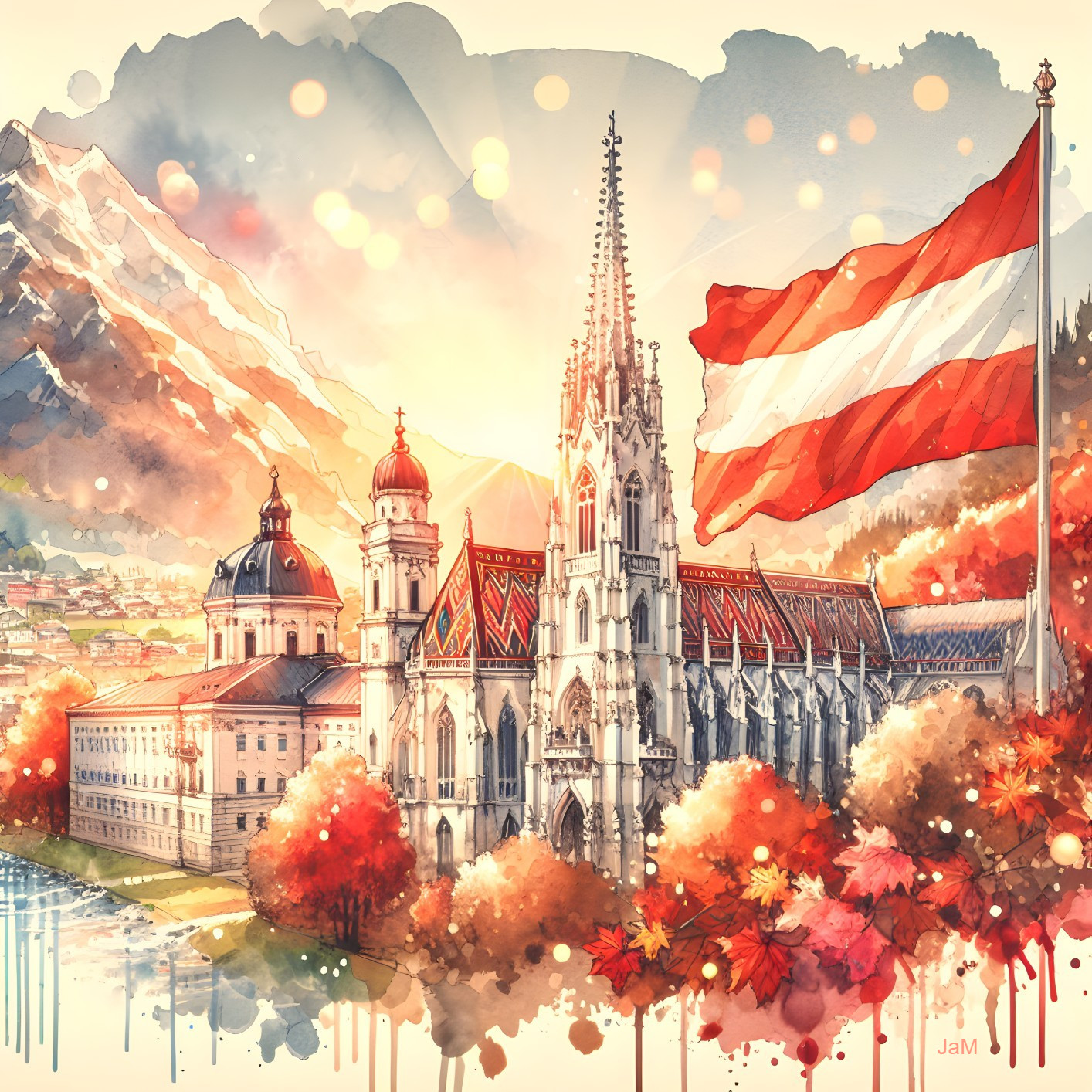 Gothic Church Surrounded by Autumn Foliage and Mountains