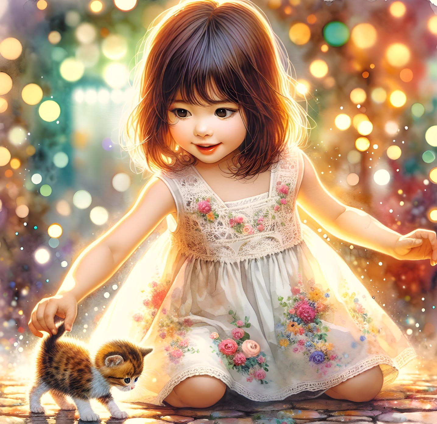 Young girl and kitten on vibrant cobblestone street