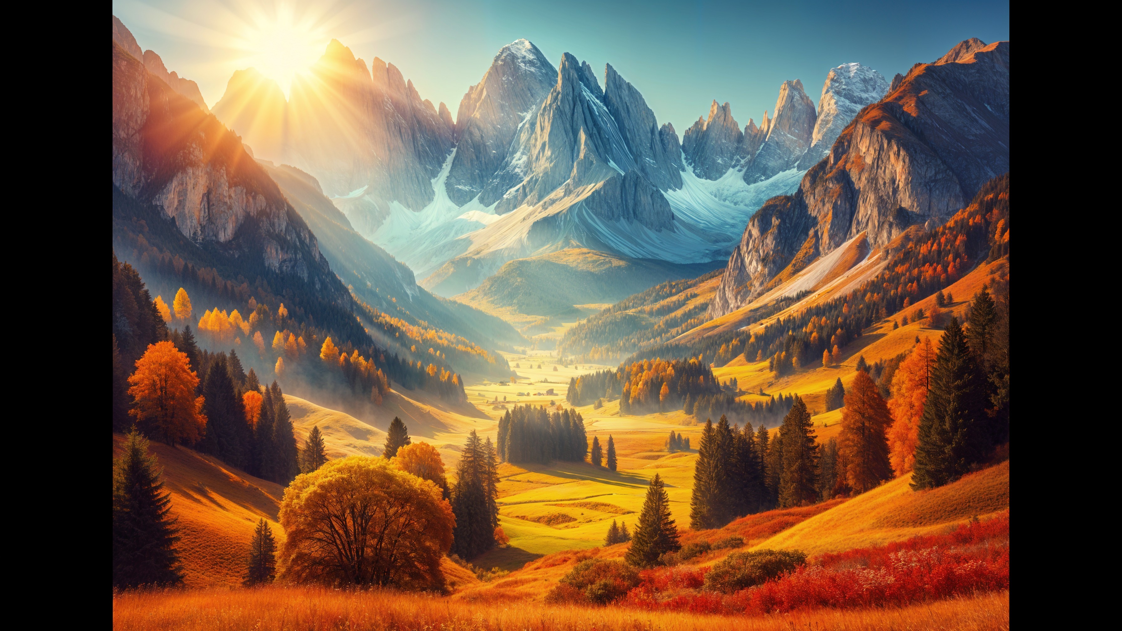 Golden Mountain Peaks and Autumn Valley Landscape