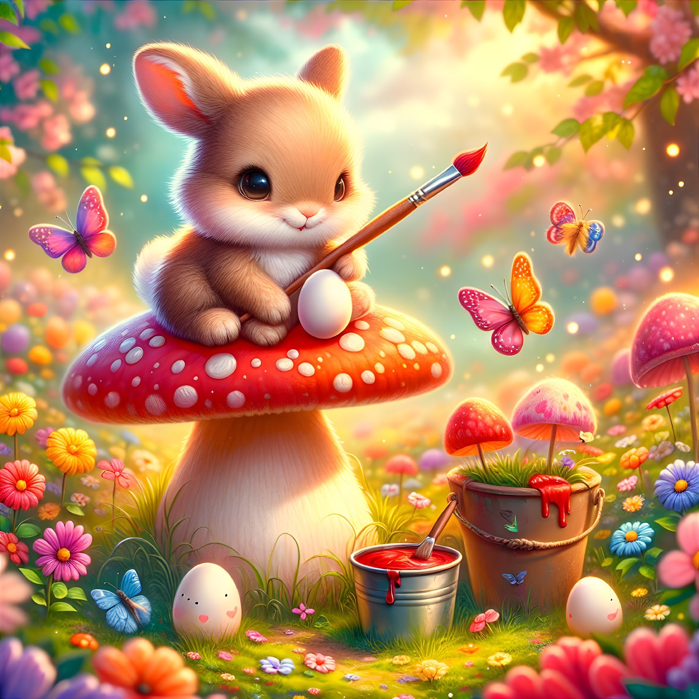 Bunny Painting an Egg in a Colorful Floral Meadow